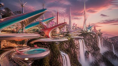 a cliffside city with waterfalls cascading into a misty canyon, wide establishing shot, no people, no text