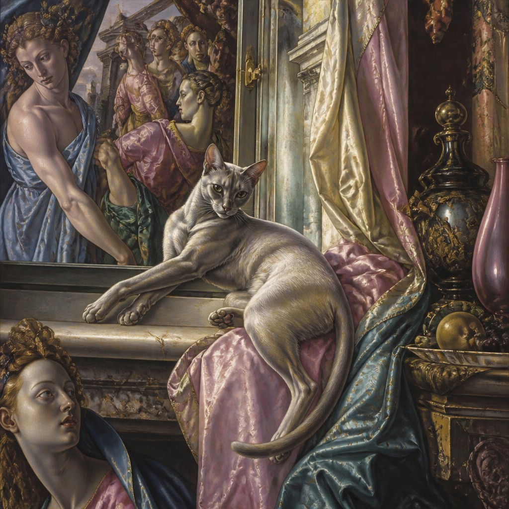 a cat lounging in a sunlit window — Mannerism Art Style