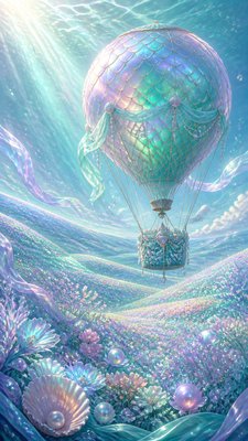 a hot air balloon drifting over rolling flower fields on a sunny day, cheerful, no text