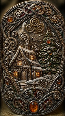a snow-covered cottage with warm glowing windows beside a decorated pine tree, gentle snowfall, no text