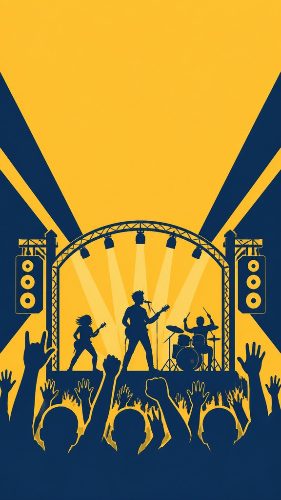 a live music scene with a glowing stage and silhouetted crowd, energetic vertical composition with open space at the top, no text