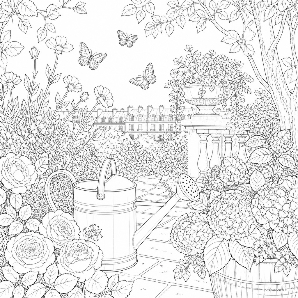 a garden scene with butterflies, flowers and a watering can, clean uncolored line art, no text