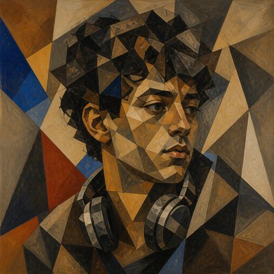 head-and-shoulders portrait of an original character: a young man with curly dark hair and headphones around his neck, plain backdrop, no text