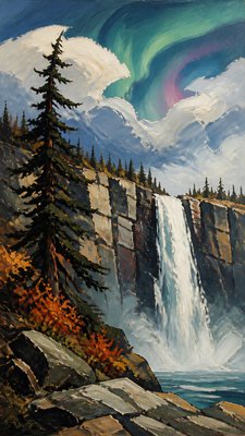 towering waterfall cascading down a cliff
