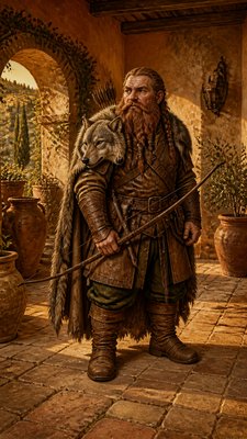 full-body original character: a dwarven ranger with a braided auburn beard, worn leather armor, a longbow and a wolf-pelt cloak, neutral background, no text