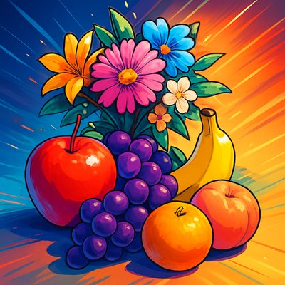 still life arrangement of fruits and flowers