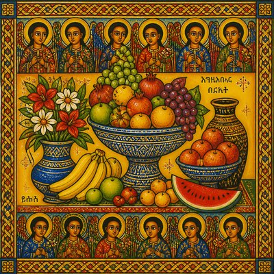 still life arrangement of fruits and flowers