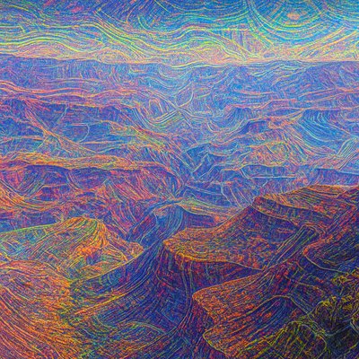 a painting of a mountain range with colorful lines