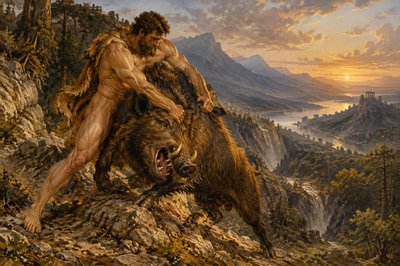 ancient greek ignudi Hercules capturing the Erymanthian Boar