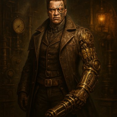 "A dramatic, full-body portrait of Arnold Schwarzenegger as a Steampunk Terminator, standing powerfully in a dimly lit, richly detailed Victorian-era workshop. Arnold's iconic Terminator face is visible, with a glowing red eye, partially obscured by an intricate, metallic eyepatch and visible cybernetic components around his neck and face. He wears a heavy, dark brown leather duster coat over a tailored waistcoat and trousers, all adorned with brass buckles, gears, and leather straps. His left arm is a formidable steampunk prosthetic, crafted from polished brass, copper, and exposed gears, ending in a massive, Gatling-gun-like weapon integrated into the forearm. His right hand wears a finely detailed leather glove with metallic accents. The background of the workshop is filled with vintage machinery, pressure gauges, steam pipes, exposed brick walls, and the soft glow of gas lamps, casting long shadows. Smoke or steam gently drifts through the air, adding to the atmospheric industrial setting. The overall aesthetic is gritty, sophisticated, and perfectly blends the sci-fi elements of the Terminator with the intricate mechanical beauty of steampunk