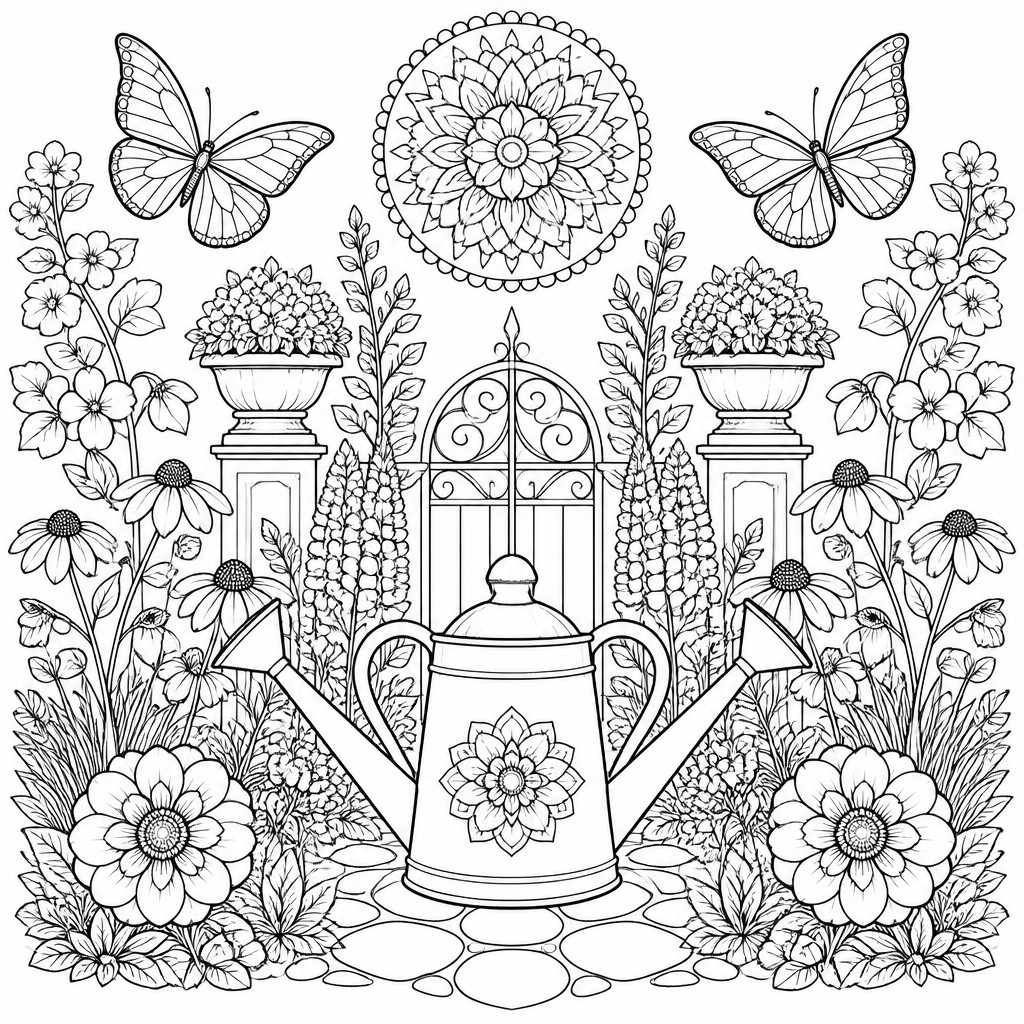 a garden scene with butterflies, flowers and a watering can, clean uncolored line art, no text