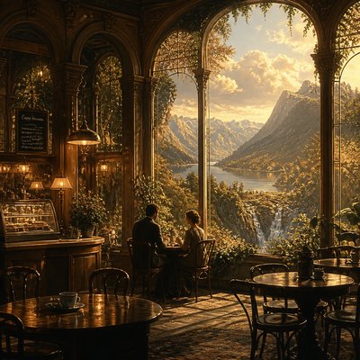 cozy cafe interior with warm lighting