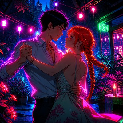 an original couple dancing under string lights in a garden at dusk: a man with short black hair in a linen shirt and a woman with braided red hair in a summer dress