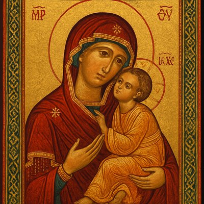 create ab image of a icon of Mary holding baby Jesus