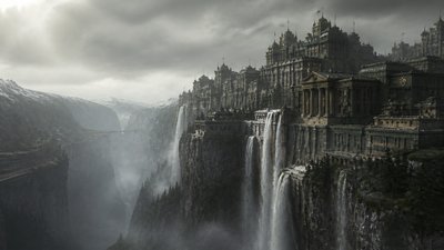 a cliffside city with waterfalls cascading into a misty canyon, wide establishing shot, no people, no text