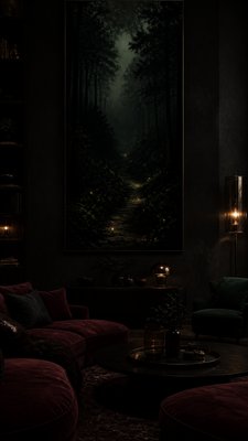 a mysterious forest path with fireflies and drifting mist, atmospheric vertical composition with open space at the top, no text