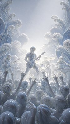 a live music scene with a glowing stage and silhouetted crowd, energetic vertical composition with open space at the top, no text