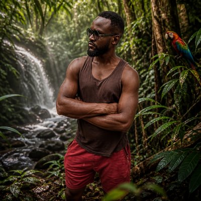 a man with his arms crossed standing in front of a waterfall