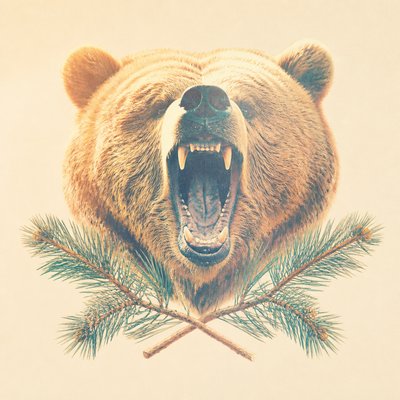 a roaring bear head above crossed pine branches, bold graphic composition on a plain background, no text