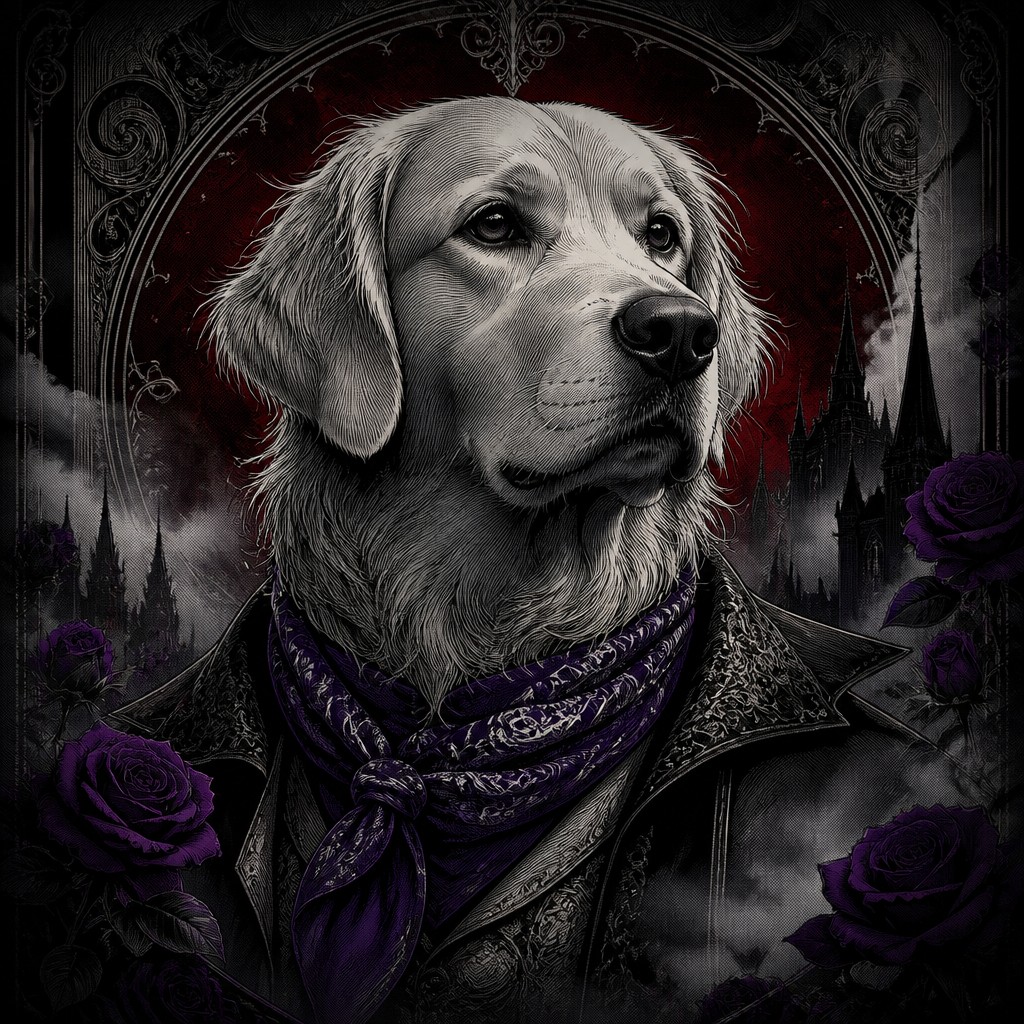 portrait of a golden retriever wearing a blue bandana, warm plain backdrop, no text