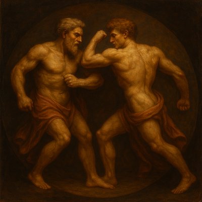 a painting of two men fighting each other