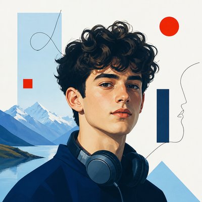 head-and-shoulders portrait of an original character: a young man with curly dark hair and headphones around his neck, plain backdrop, no text