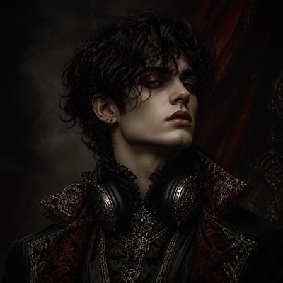 head-and-shoulders portrait of an original character: a young man with curly dark hair and headphones around his neck, plain backdrop, no text
