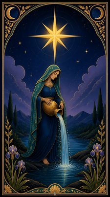 a robed figure pouring water beneath a large eight-pointed star in a night sky, symmetrical composition with an ornate decorative border, no text