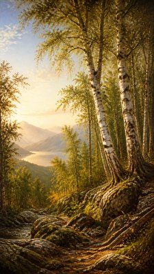 a serene birch forest in soft morning light, no people, no text