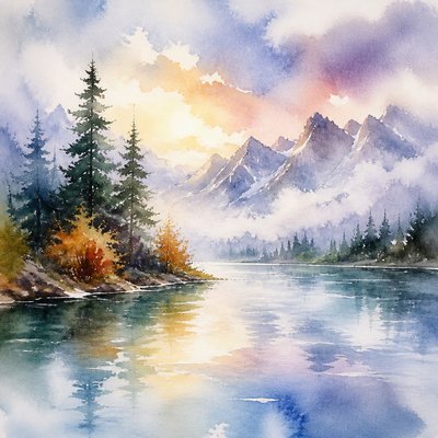 wide landscape with natural scenery — Wet-on-Wet Watercolor Style
