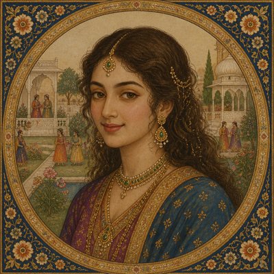 head-and-shoulders portrait of an original character: a young woman with wavy chestnut hair and a warm smile, plain soft backdrop