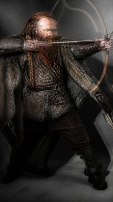 full-body original character: a dwarven ranger with a braided auburn beard, worn leather armor, a longbow and a wolf-pelt cloak, neutral background, no text