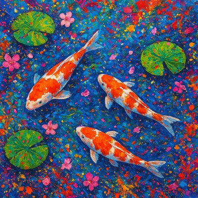 A koi pond seen from above, orange and white koi fish swimming among lily pads, clear water with subtle ripples, fallen cherry blossom petals floating on the surface, dappled sunlight