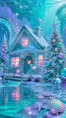 a snow-covered cottage with warm glowing windows beside a decorated pine tree, gentle snowfall, no text