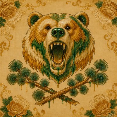 a roaring bear head above crossed pine branches, bold graphic composition on a plain background, no text