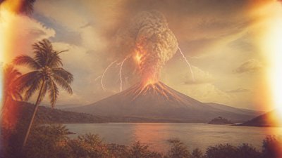 an erupting volcano with lightning strikes, dramatic wide composition, no text