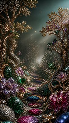 a mysterious forest path with fireflies and drifting mist, atmospheric vertical composition with open space at the top, no text