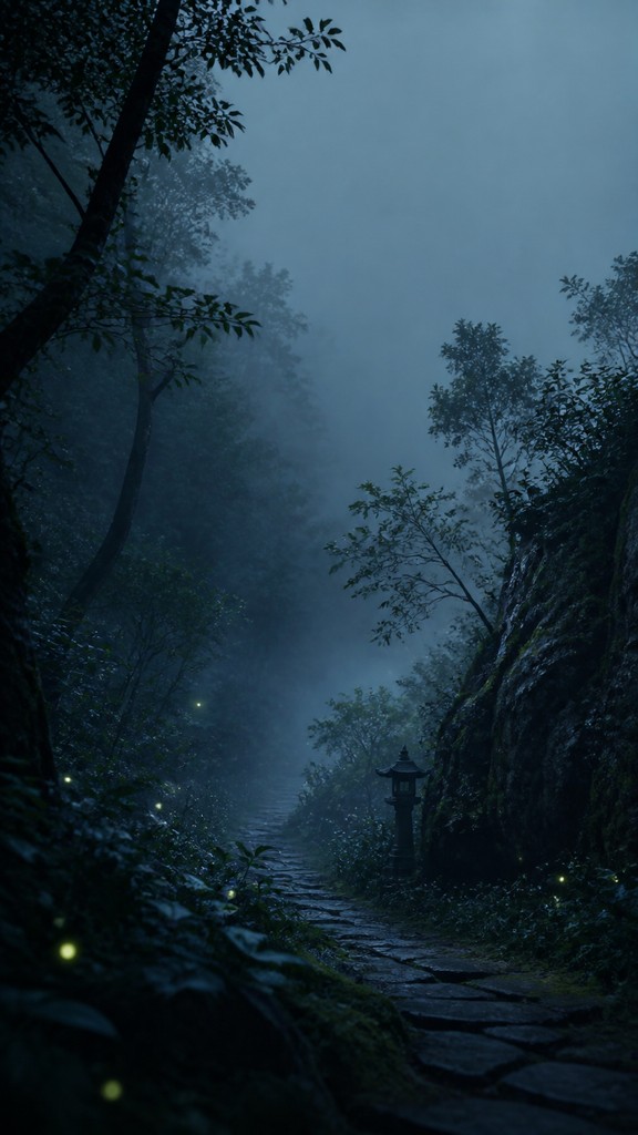 a mysterious forest path with fireflies and drifting mist, atmospheric vertical composition with open space at the top, no text