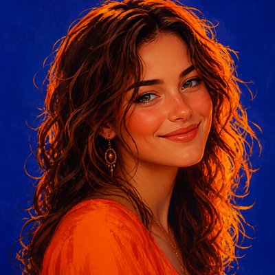 head-and-shoulders portrait of an original character: a young woman with wavy chestnut hair and a warm smile, plain soft backdrop