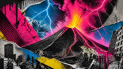 an erupting volcano with lightning strikes, dramatic wide composition, no text