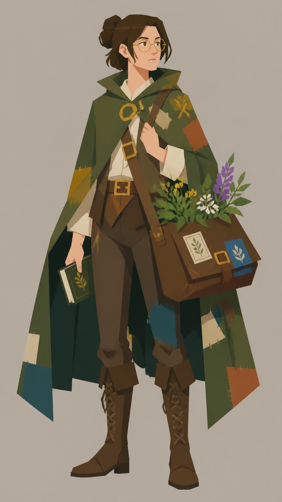 full-body original character: a wandering botanist with a satchel of plants, a patched green cloak, tall boots and round glasses, neutral background