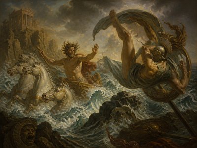 a painting of a man on a boat in the water