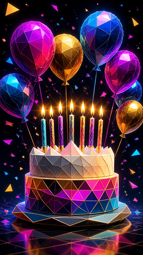 a birthday cake with lit candles surrounded by balloons and confetti, festive vertical composition, no text