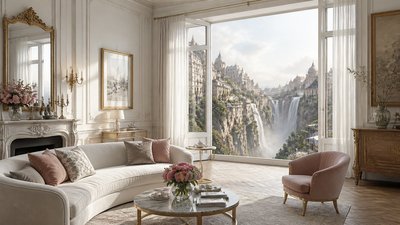 a cliffside city with waterfalls cascading into a misty canyon, wide establishing shot, no people, no text