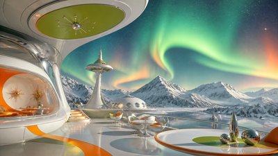 a flowing aurora over snowy peaks, wide sweeping composition, no people, no text