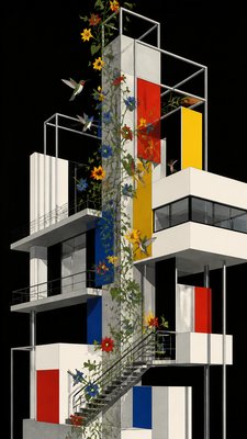a climbing vine of flowers and hummingbirds on a dark background, tall wrapping composition, no text
