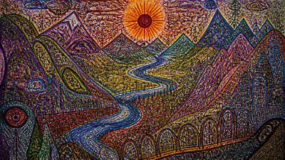 a vast valley with a river winding toward distant mountains at sunrise, no people, no text