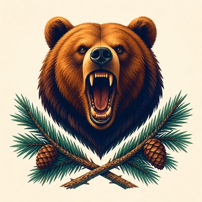 a roaring bear head above crossed pine branches, bold graphic composition on a plain background, no text