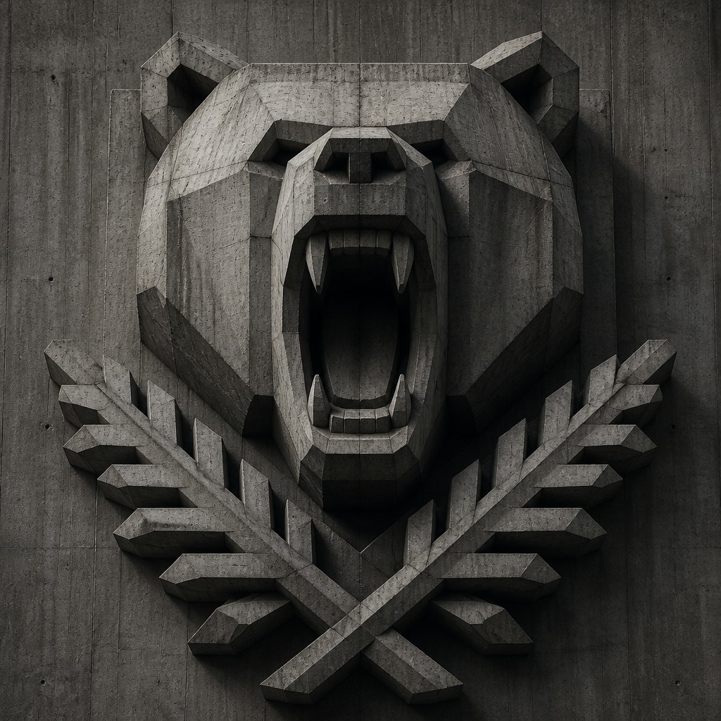 a roaring bear head above crossed pine branches, bold graphic composition on a plain background, no text