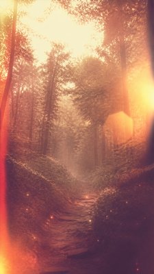 a mysterious forest path with fireflies and drifting mist, atmospheric vertical composition with open space at the top, no text
